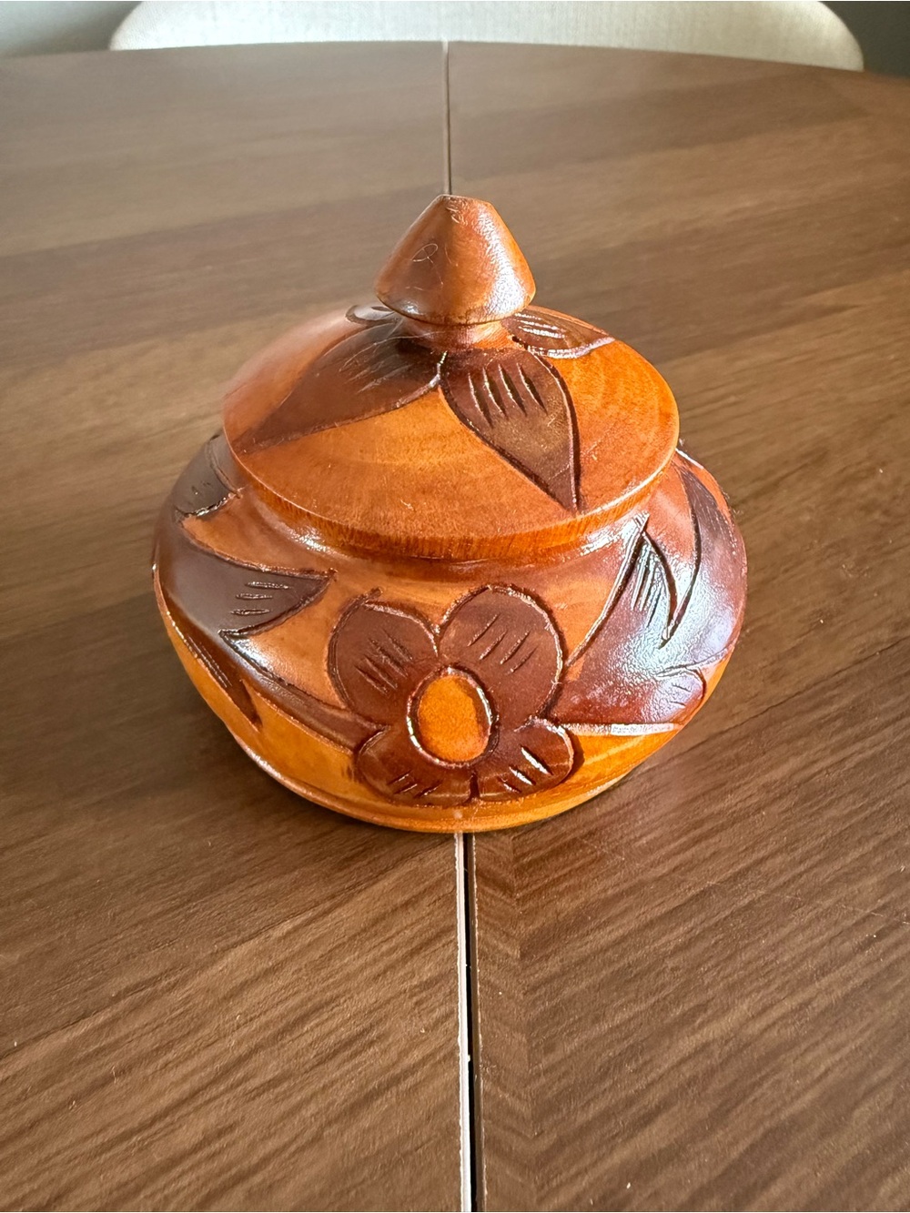 Hand-Carved Floral Wooden Trinket Box - Warm Brown